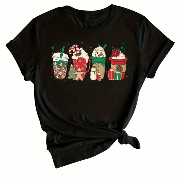 NWT Christmas Coffee Print T-Shirt, 100% Cotton T-Shirt, Coffee Lover - Picture 1 of 12